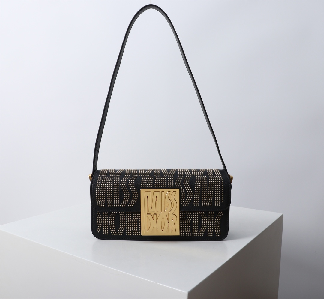 Miss Dior Flap Bag Black Miss Dior Allover Calfskin with Gold-Finish Studs